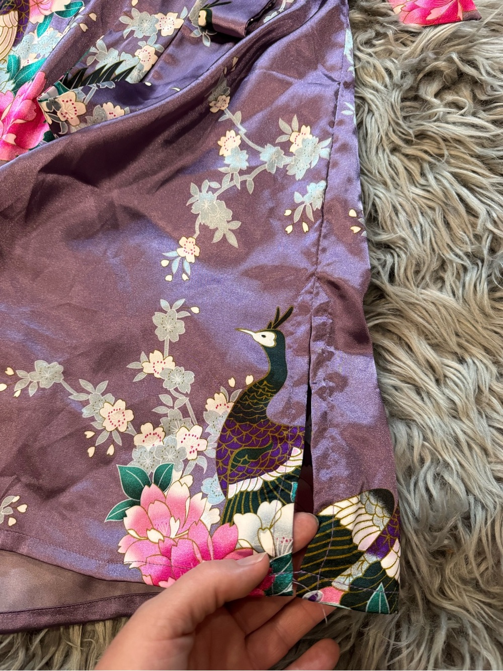 EUC Purple Floral Satin Kimono Robe with Peacocks and Flowers - Picture 4 of 9
